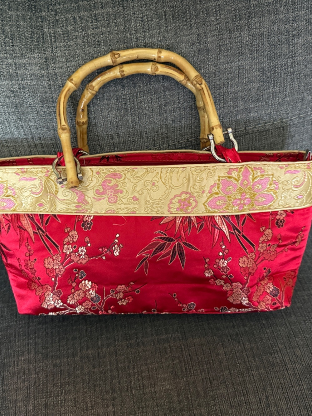 Red Floral Satin Tote Bag with Bamboo Handles